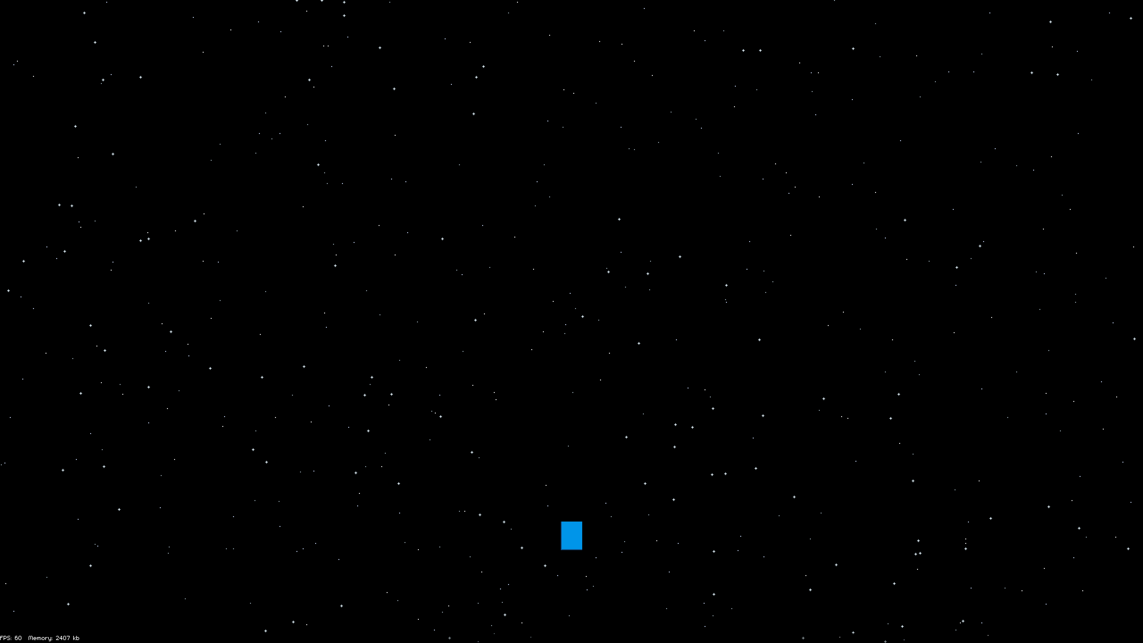 2d pixel art of a starfield of white pixels with a blue rectangle at the bottom.
