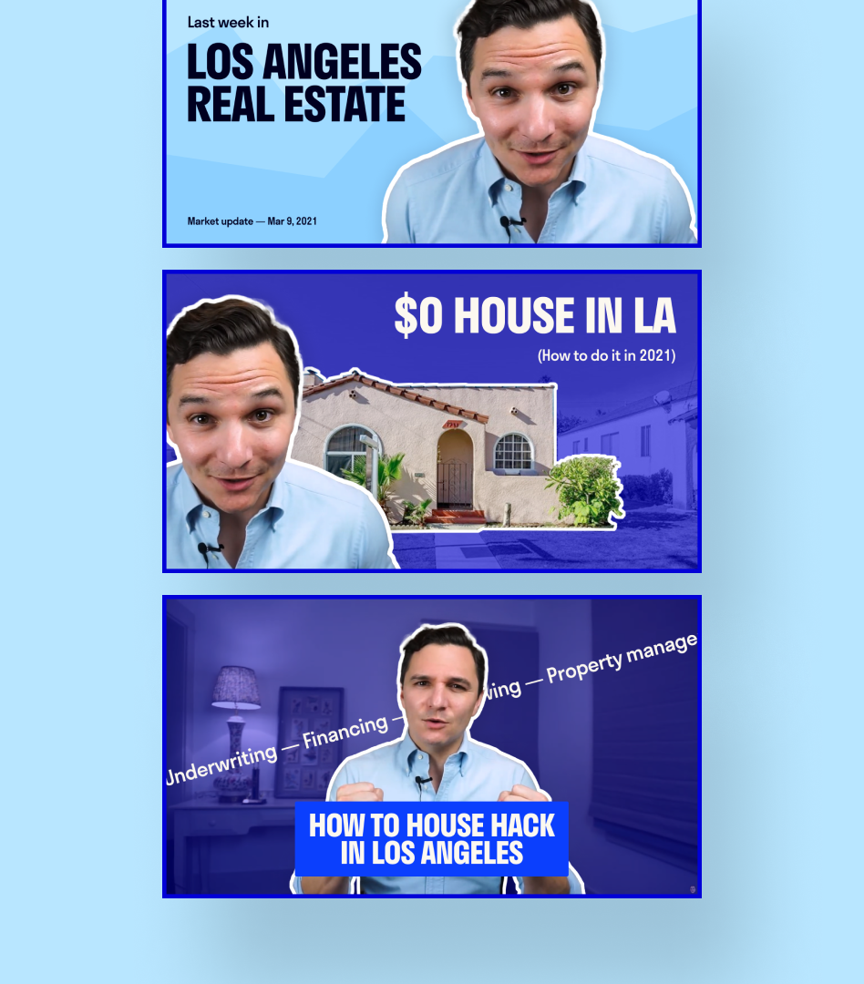 Video thumbnails for the House Hack Los Angeles YouTube channel