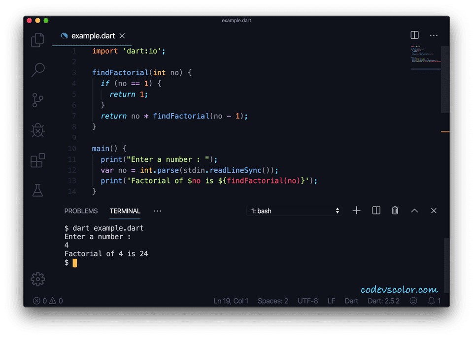 Dart program to find factorial of a number recursively - CodeVsColor