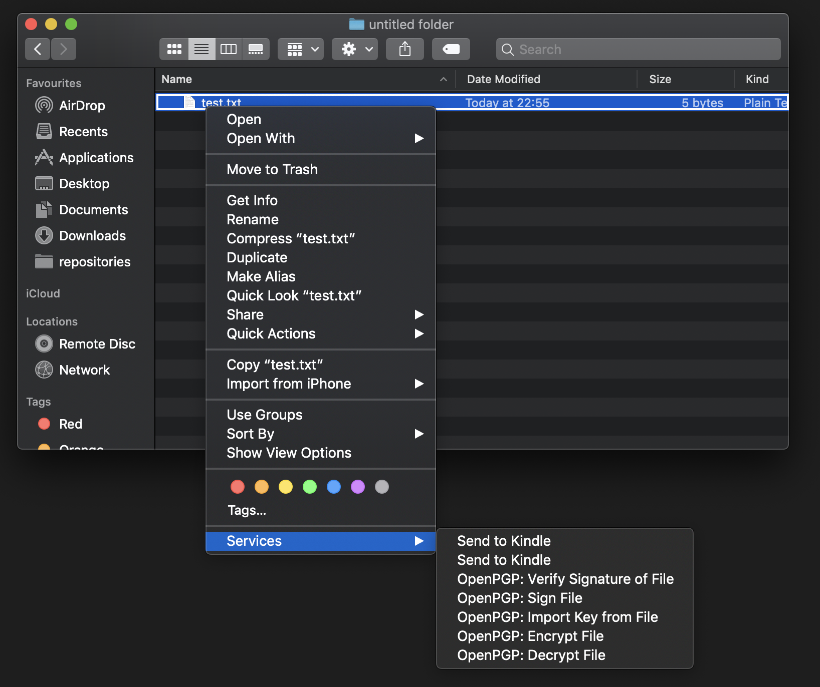 File context menu in a Mac to encrypt a single file