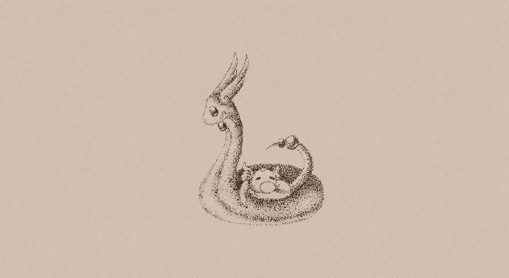 A monochromatic pointillist style drawing of Dragonair and Dratini from Pokèmon