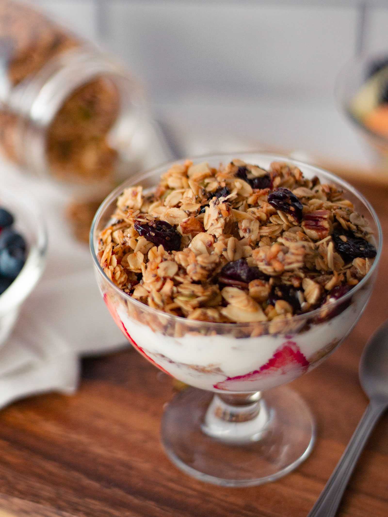 Oliver's granola is one of our favourite additions to the library. In this image, Oliver's granola is part of a delicious yogurt parfait. This hearty recipe combines simple ingredients to get great results.