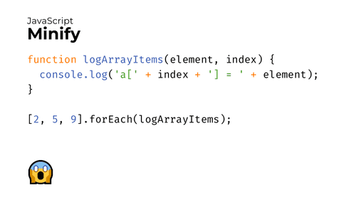 Slide with an example of unminified JS code. The code reads: function logArrayItems(element, index) { console.log('a[' + index + '] = ' + element); } [2, 5, 9].forEach(logArrayItems);