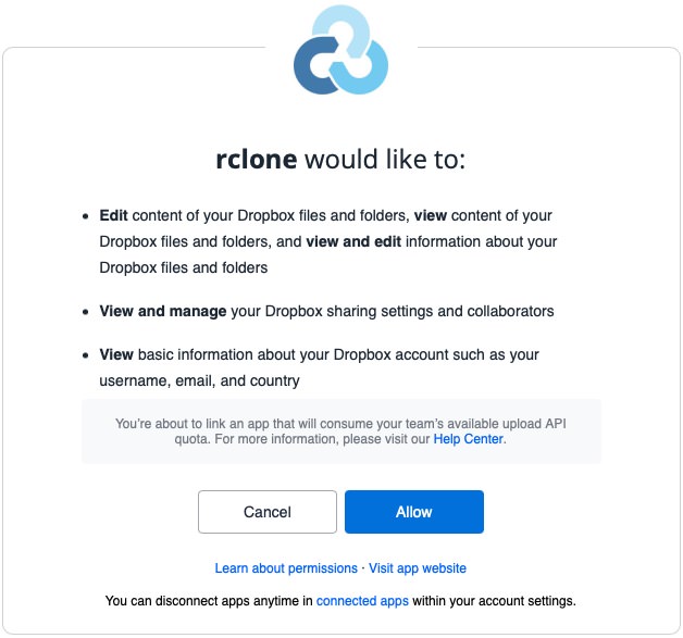 Rclone Dropbox Authentication