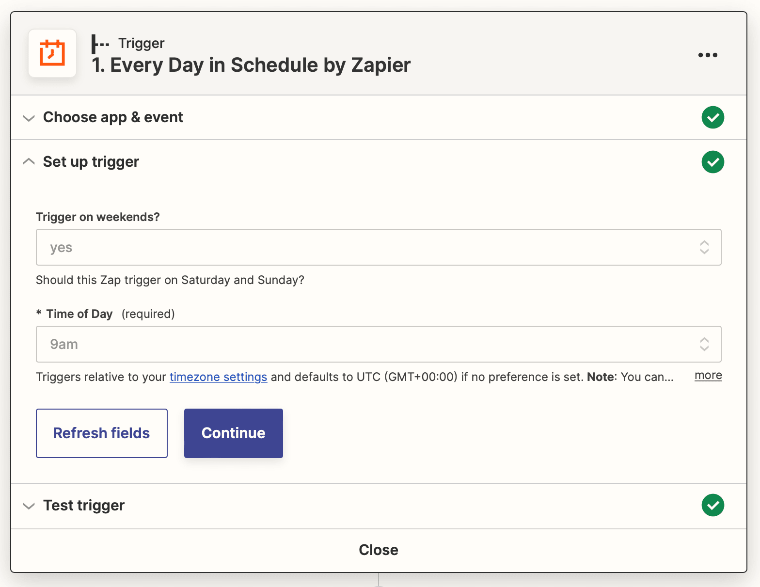 Screenshot of Zapier Every Day in Schedule trigger setup