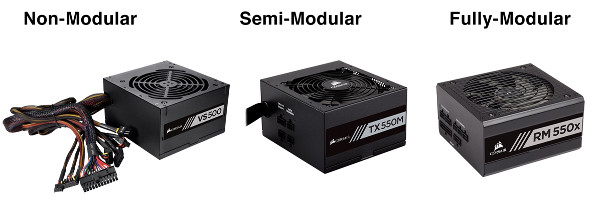 image showing a non-modular, semi-modular and modular computer power supply