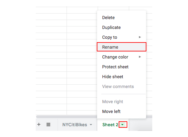 The menu that appears in Google Sheets when you create a new blank sheet. The "Rename" option has been selected.