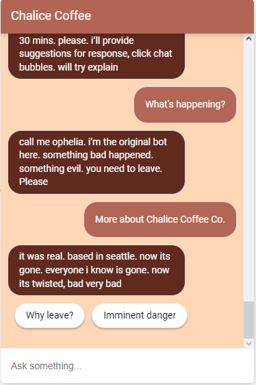 Chat screenshot. Chalice Coffee Bot presenting bubbles to the user. 