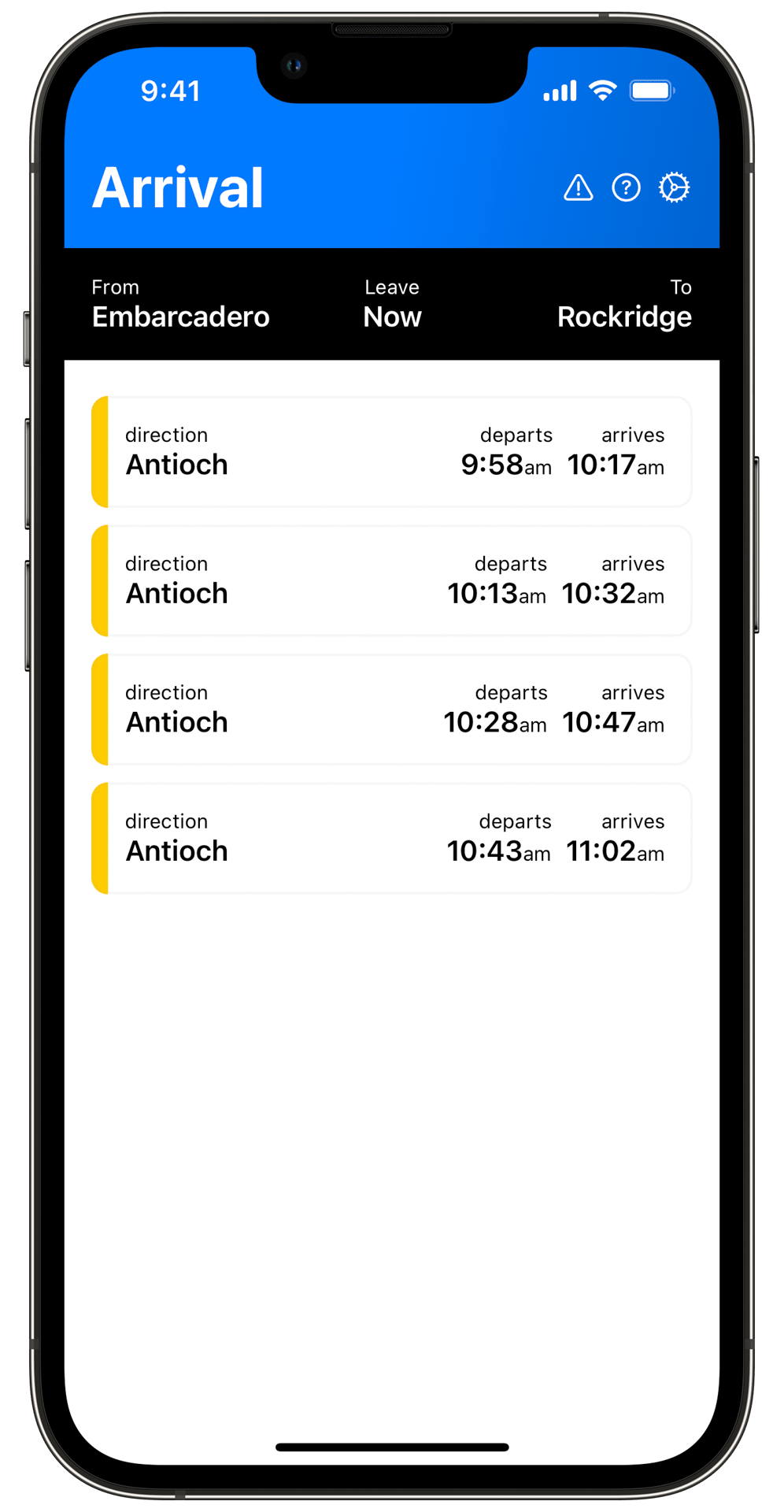 Trip options displayed on the Arrival BART app.