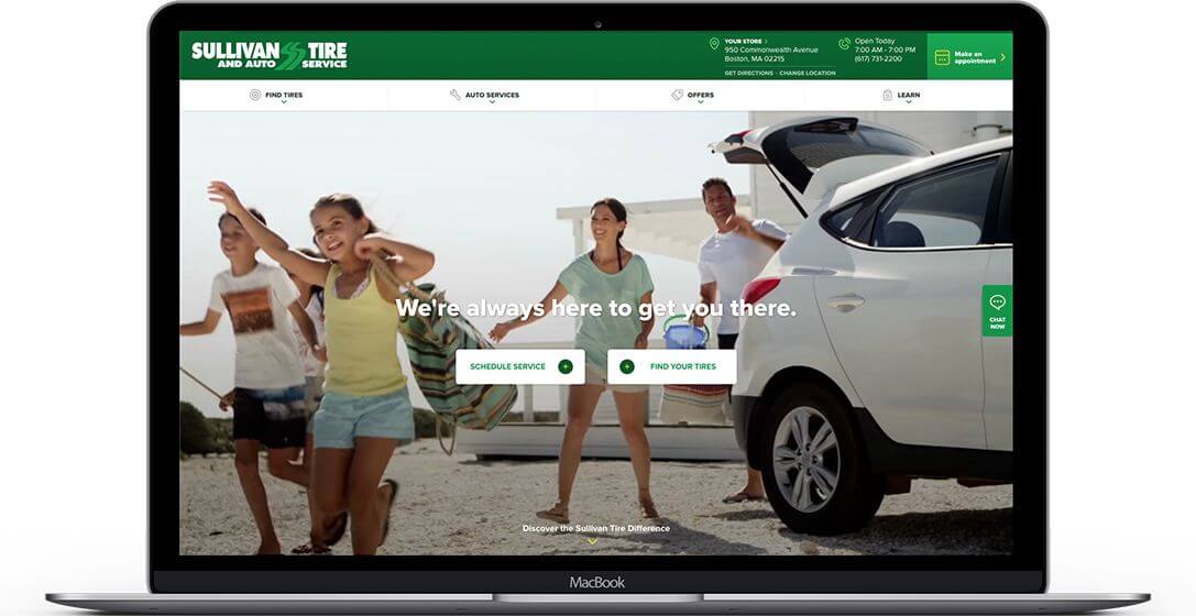 Laptop computer showing the new Sullivan Tire home page.
