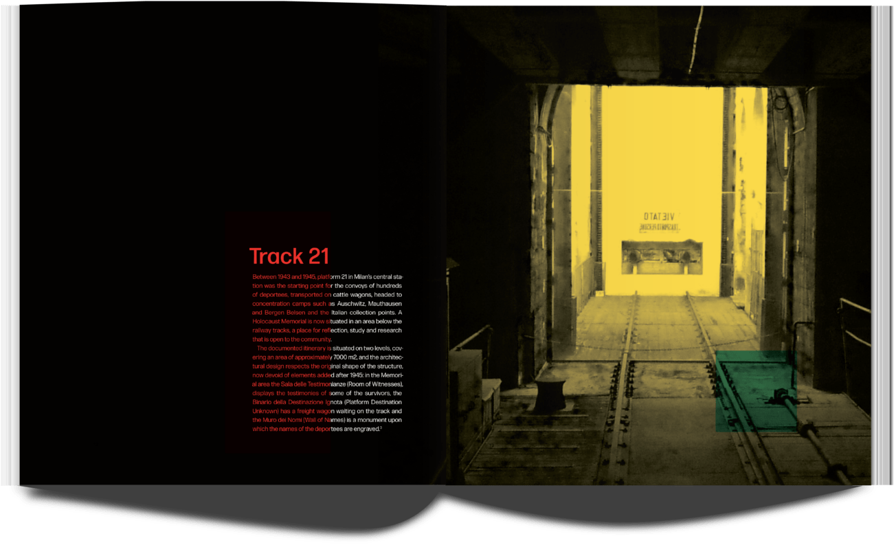 a publication spread. Page Title: Track 21. The page describes the infamous track in Milan Central Station which was used to deport Jews to concentration camps.