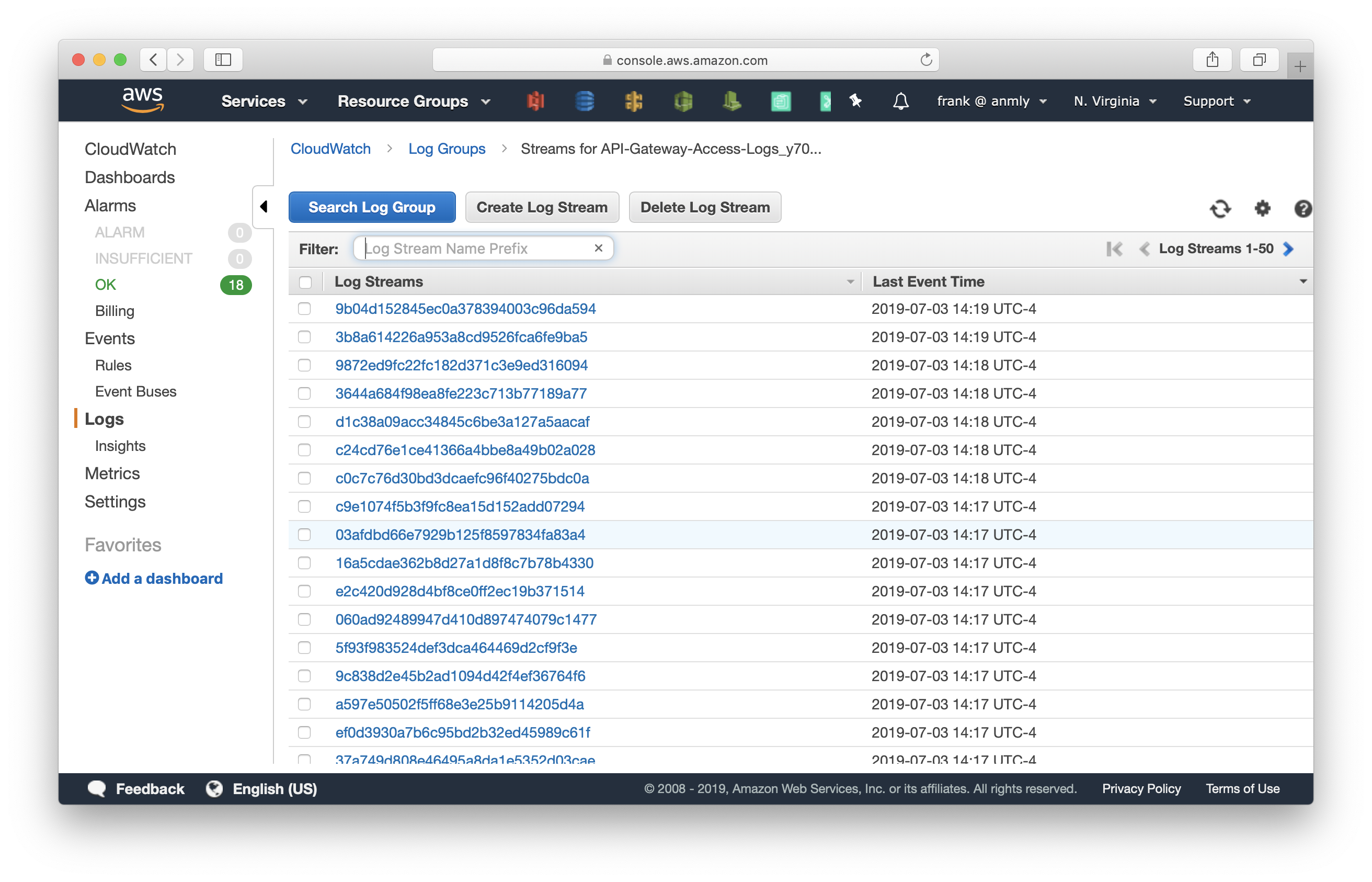 Select first log stream from group