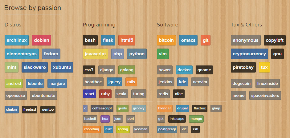 Browse by Passion: Lots of Programming languages and tools, as well as Linux distros