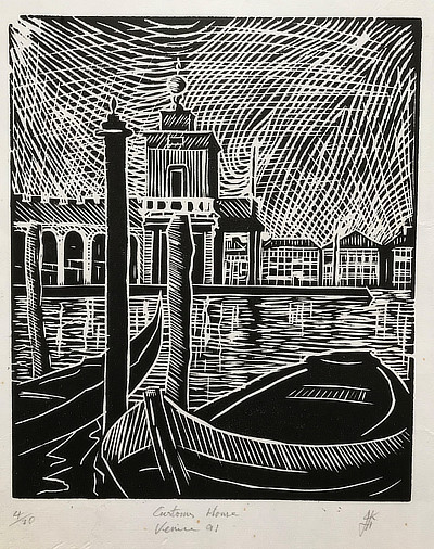 linocut of a Venice gondolas moored with customs house in background
