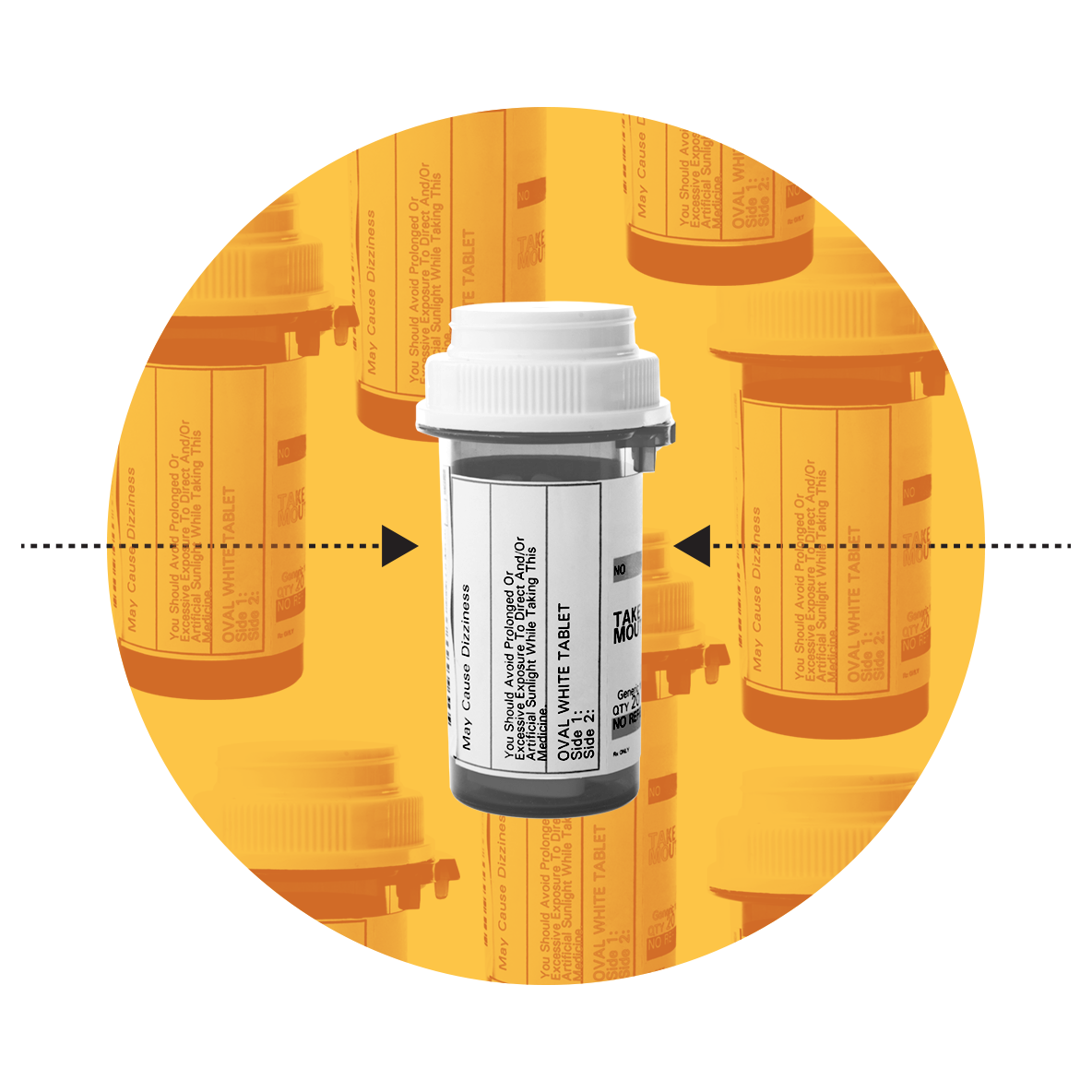 Pill bottle with 2 arrows pointing at it.