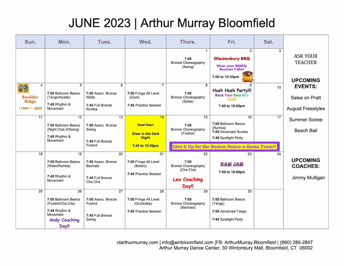 Arthur Murray Bloomfield Group Class Calendar