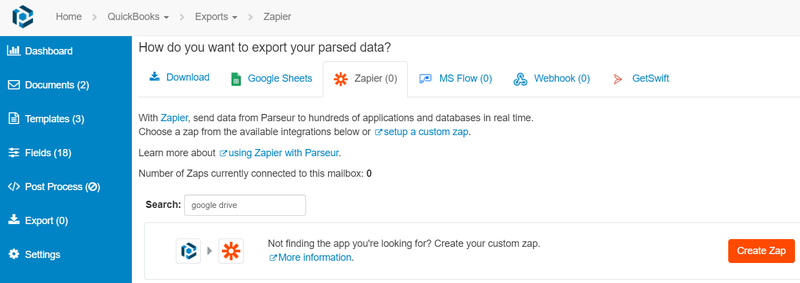search for Google Drive in parseur mailbox
