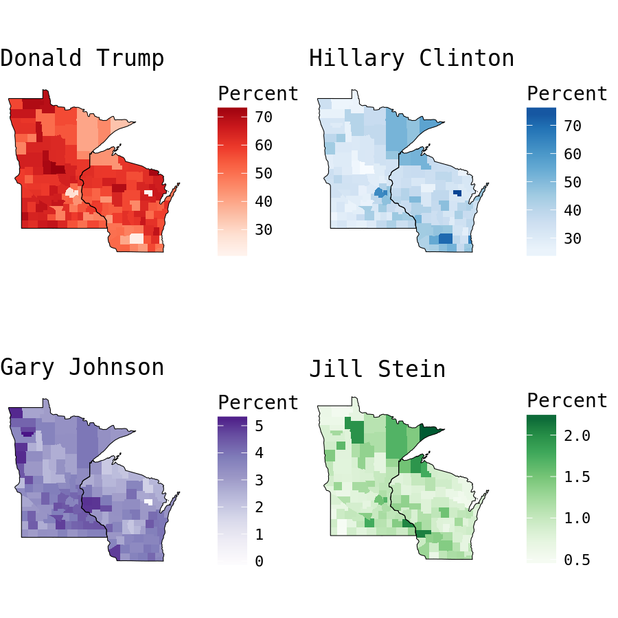 plot of chunk Wisconsin and Minnesota Presidential Election Results by County