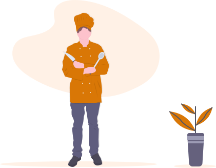 An illustration of a cook holding a knife and a fork.