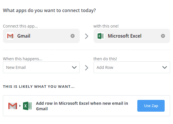 An automation using Zapier to connect Gmail with Excel.