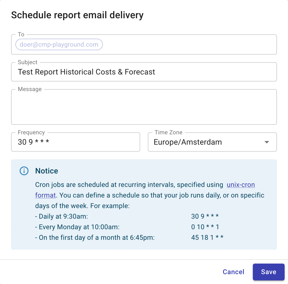 A screenshot showing the Schedule Report Email Delivery modal dialog