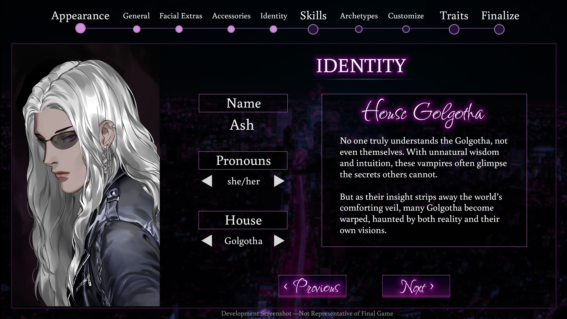 Character creation screen for name, pronouns, and House
