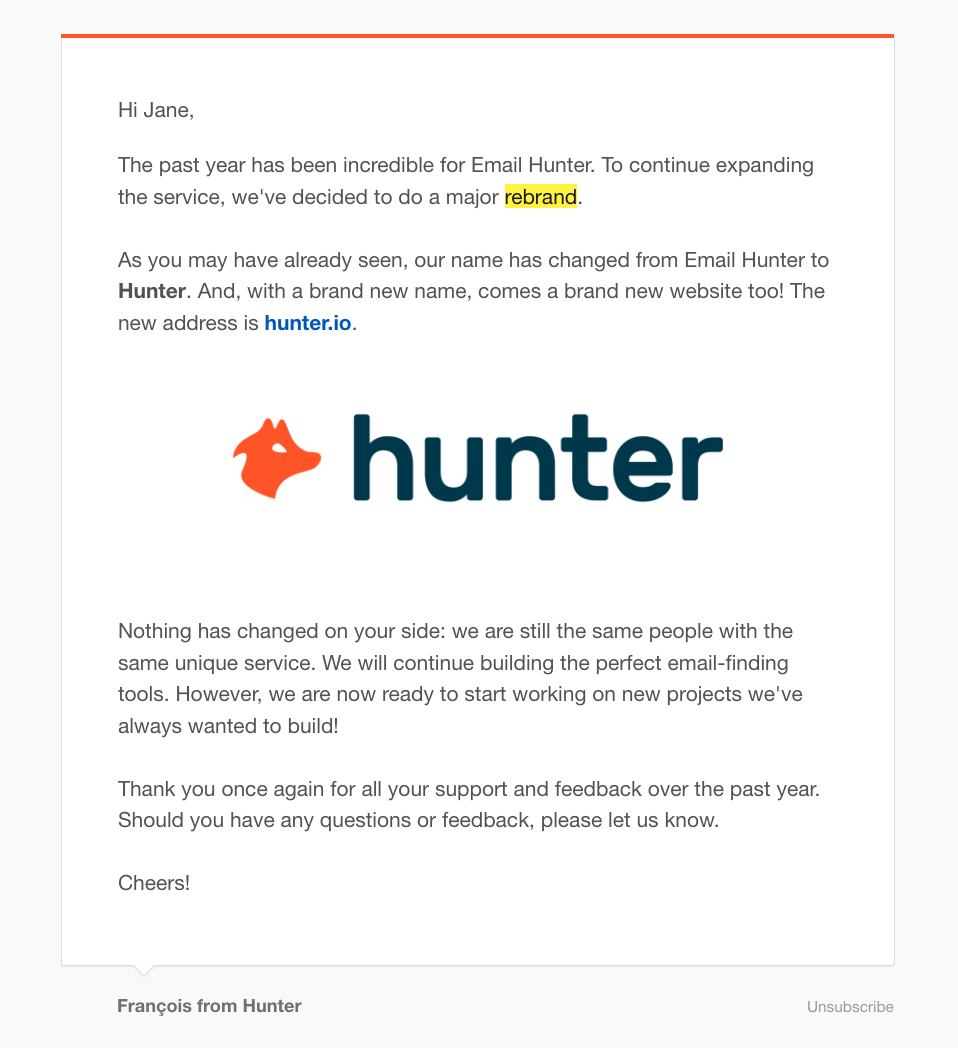 SaaS Rebranding Announcement Emails: Screenshot of Hunter's email announcing its renaming from Email Hunter to Hunter