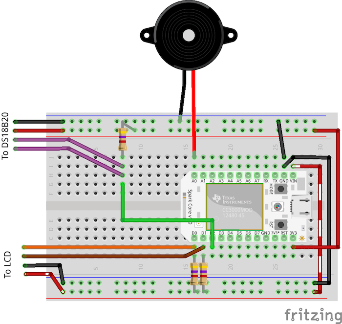Final version of the circuit. Note that the two power lines on the breadboard have a different voltage. The lower one is connected to Vin (5v), the top one to Vcc (3.3v).