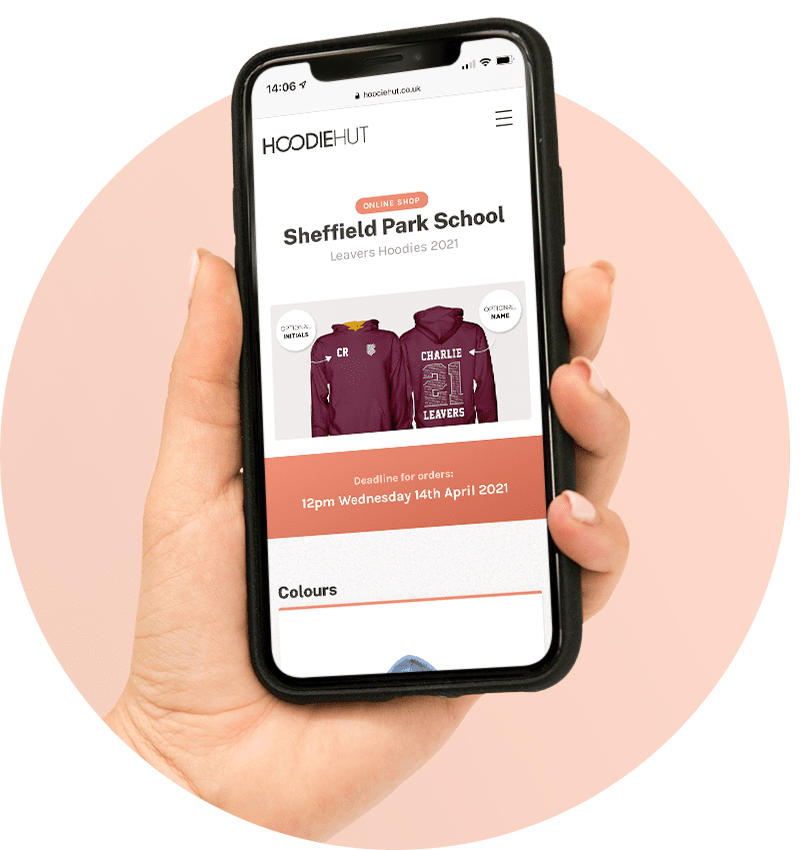 Student holding iPhone showing an example of our leavers hoodies online shop page