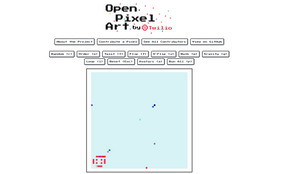 Screenshot of the Open Pixel Art Project which is a 40 by 40 pixel grid, with some of the pixels shaded a certain colour. In the bottom left corner there are a number of pixels shaded red to make the Twilio logo, a red button