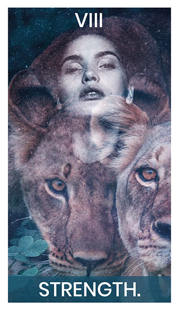 The Strength card. A woman and two lionesses in a jungle.