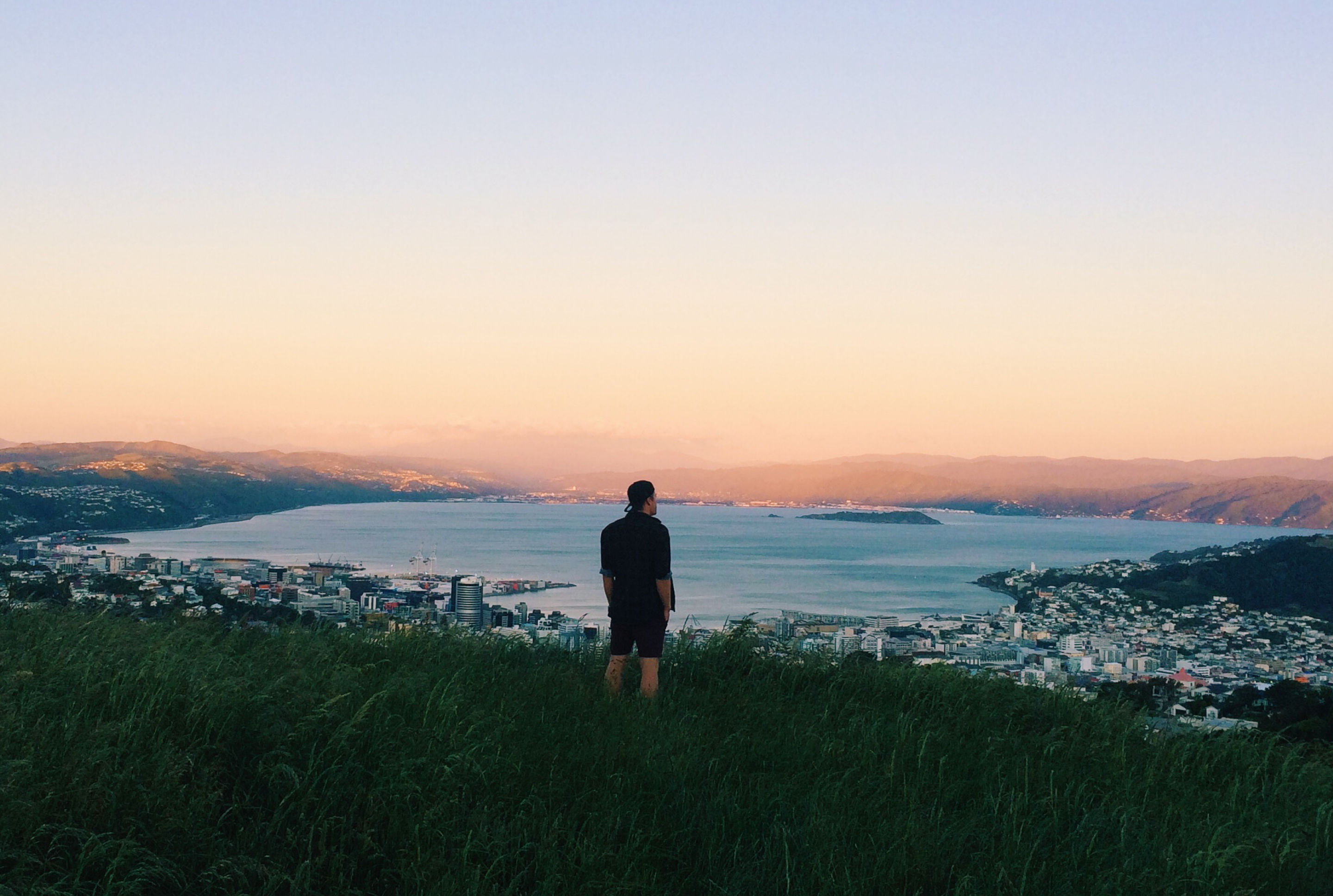 Man standing on a hill overlooking Wellington