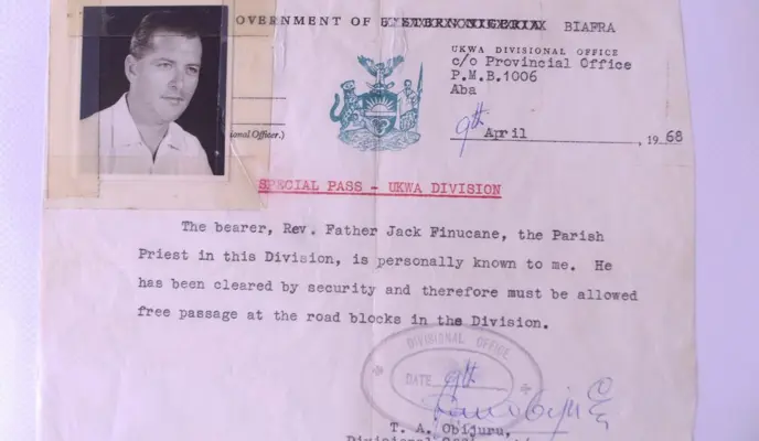 Picture of movement permit for Biafra with photo of Fr. Jack Finucane SSP