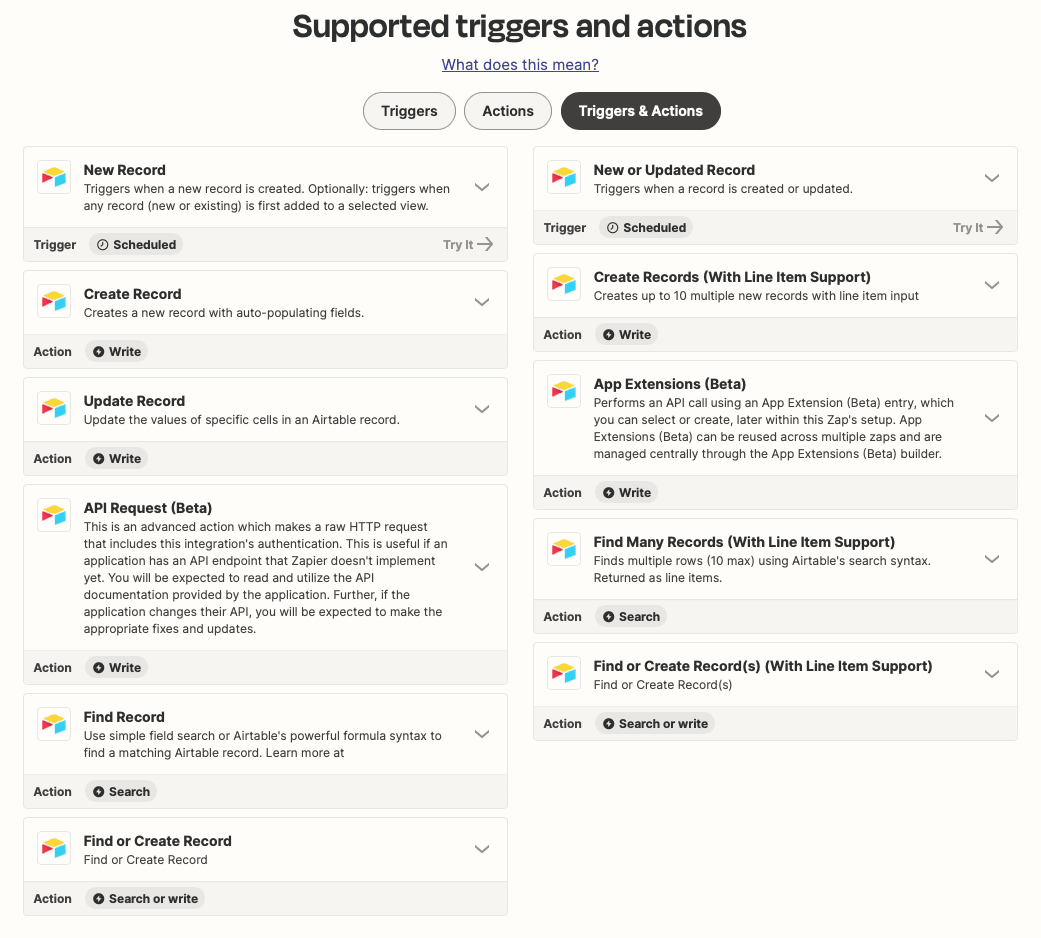 Screenshot of supported Airtable triggers and actions on Zapier