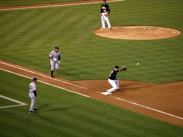 Alex Rodriguez of the New York Yankees grounds into a double play