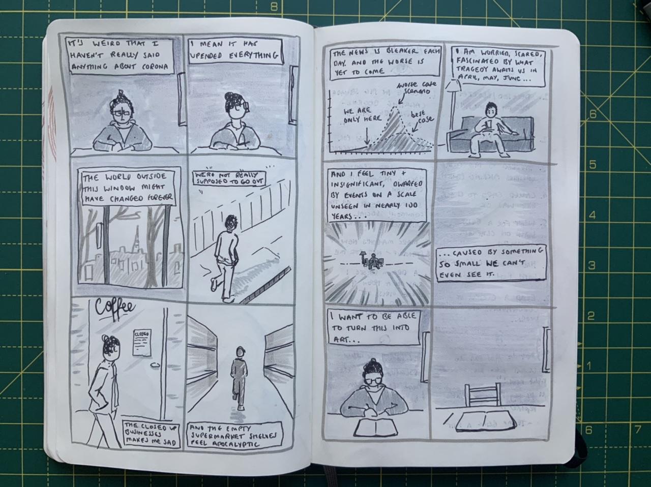 A double page comic journal of the early pandemic in Adam Westbrook&rsquo;s sketchbook