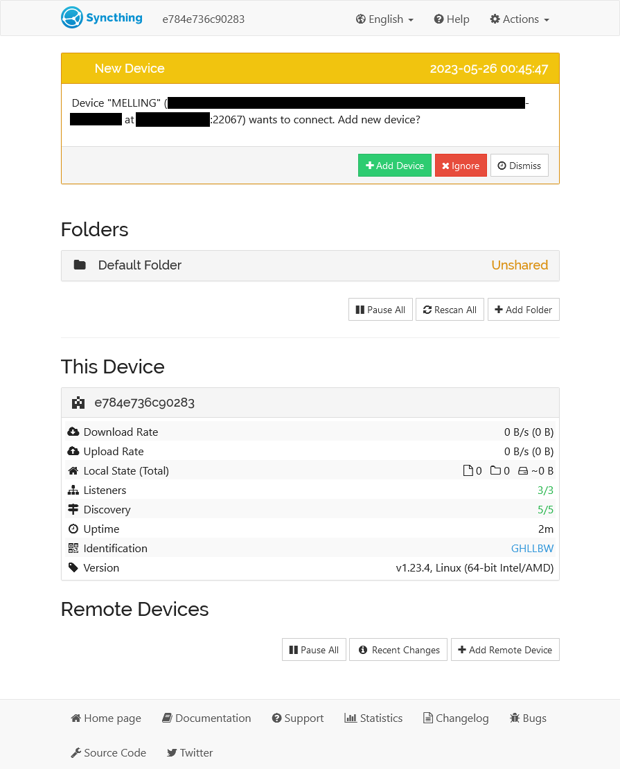 Screenshot of Syncthing dashboard on fly.io