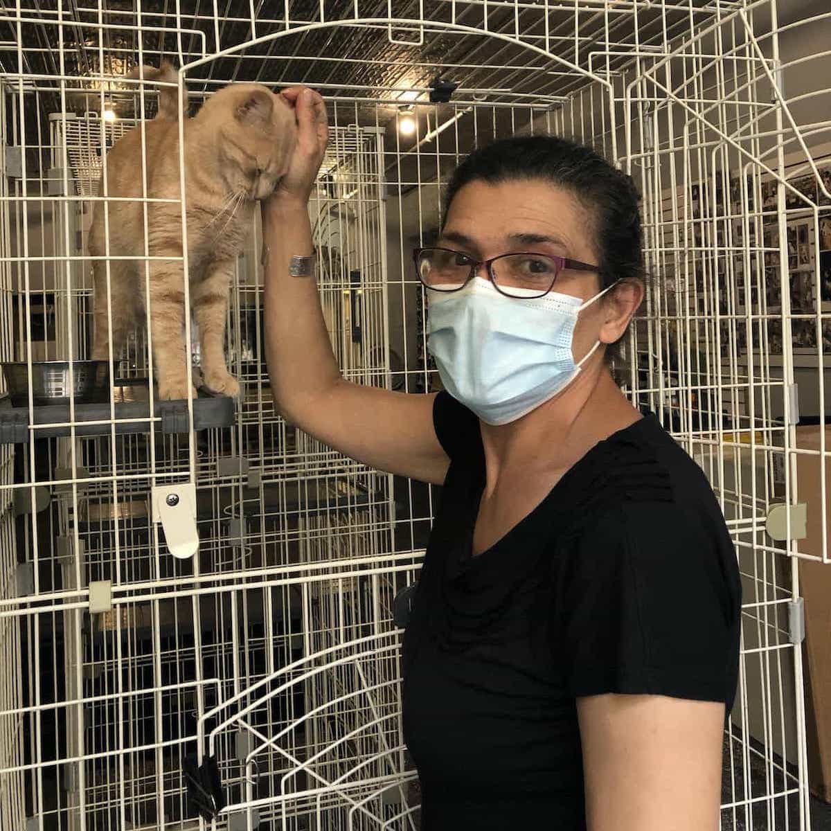 Woman standing next to a large cage wearing mask petting a cat