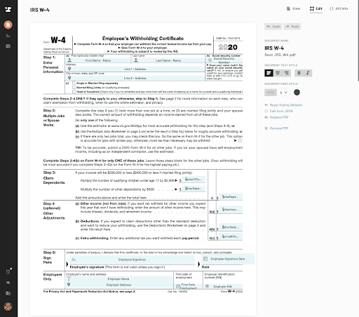 The PDF template page for the IRS W-4 on the Anvil dashboard.