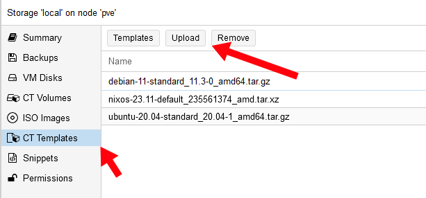 Screenshot of settings pages for storage node, showing the CT Templates tab is selected and an arrow pointing to the Upload button