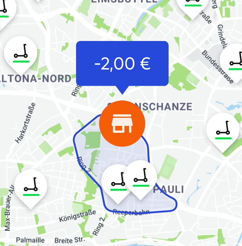 Zoomed in point of interest map view of local areas in Hamburg, with an orange house icon and a 2 euro price bubble icon in blue.