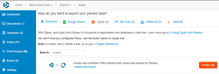 Export parsed data to Zapier