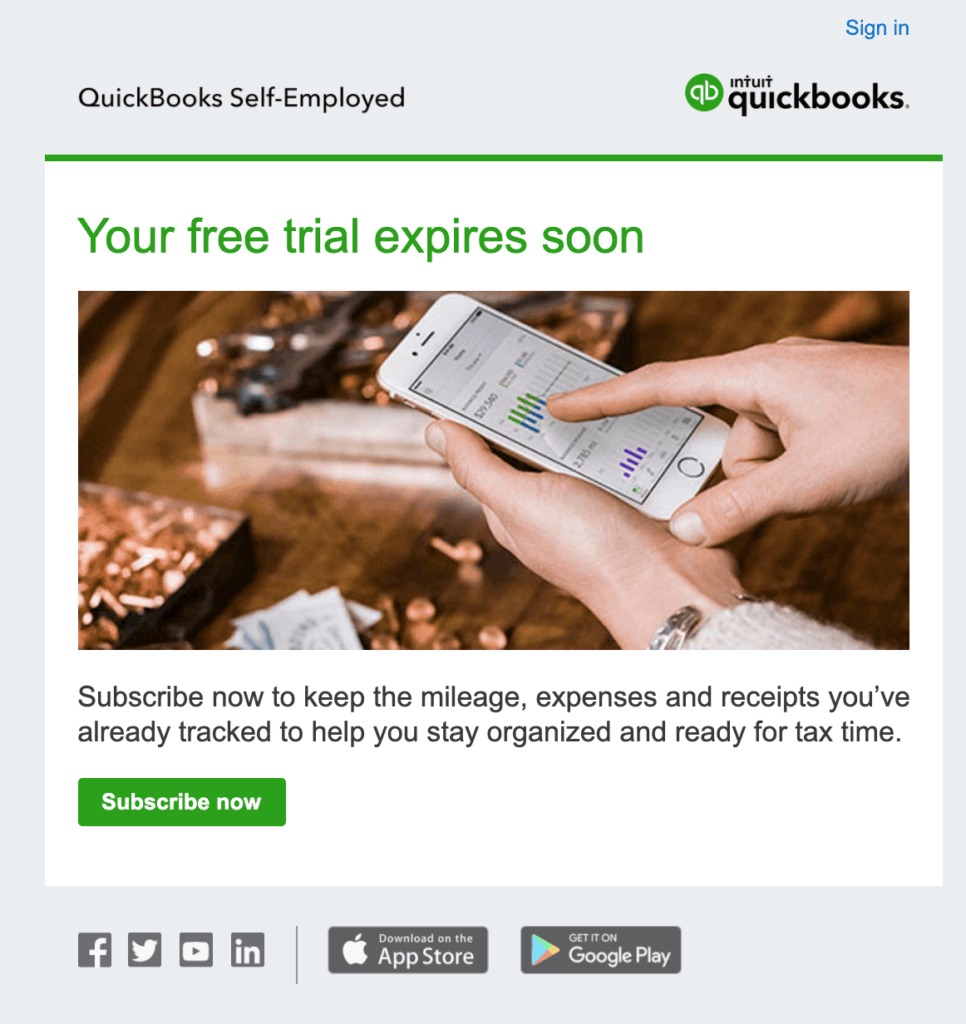 SaaS Trial Expiration Emails: Screenshot of trial expiration email from QuickBooks