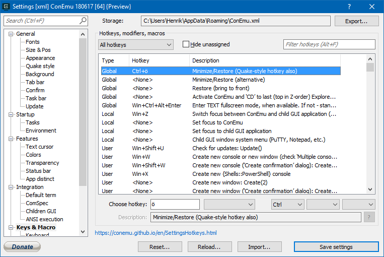ConEmu keyboard shortcut settings with conflicting configuration