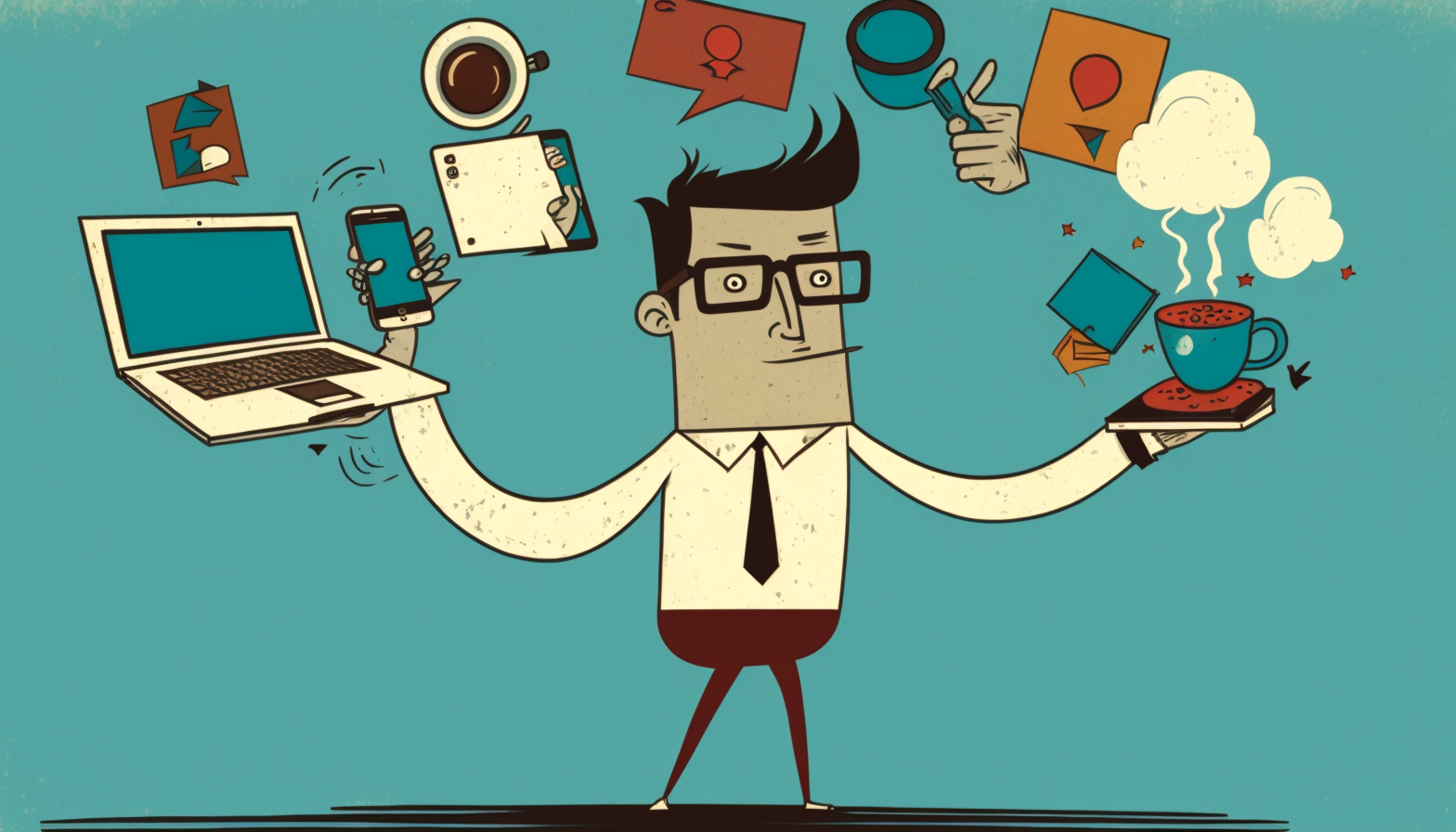 A cartoon image of a person juggling various personal devices (laptop, smartphone, tablet) and work-related items (documents, coffee cup)