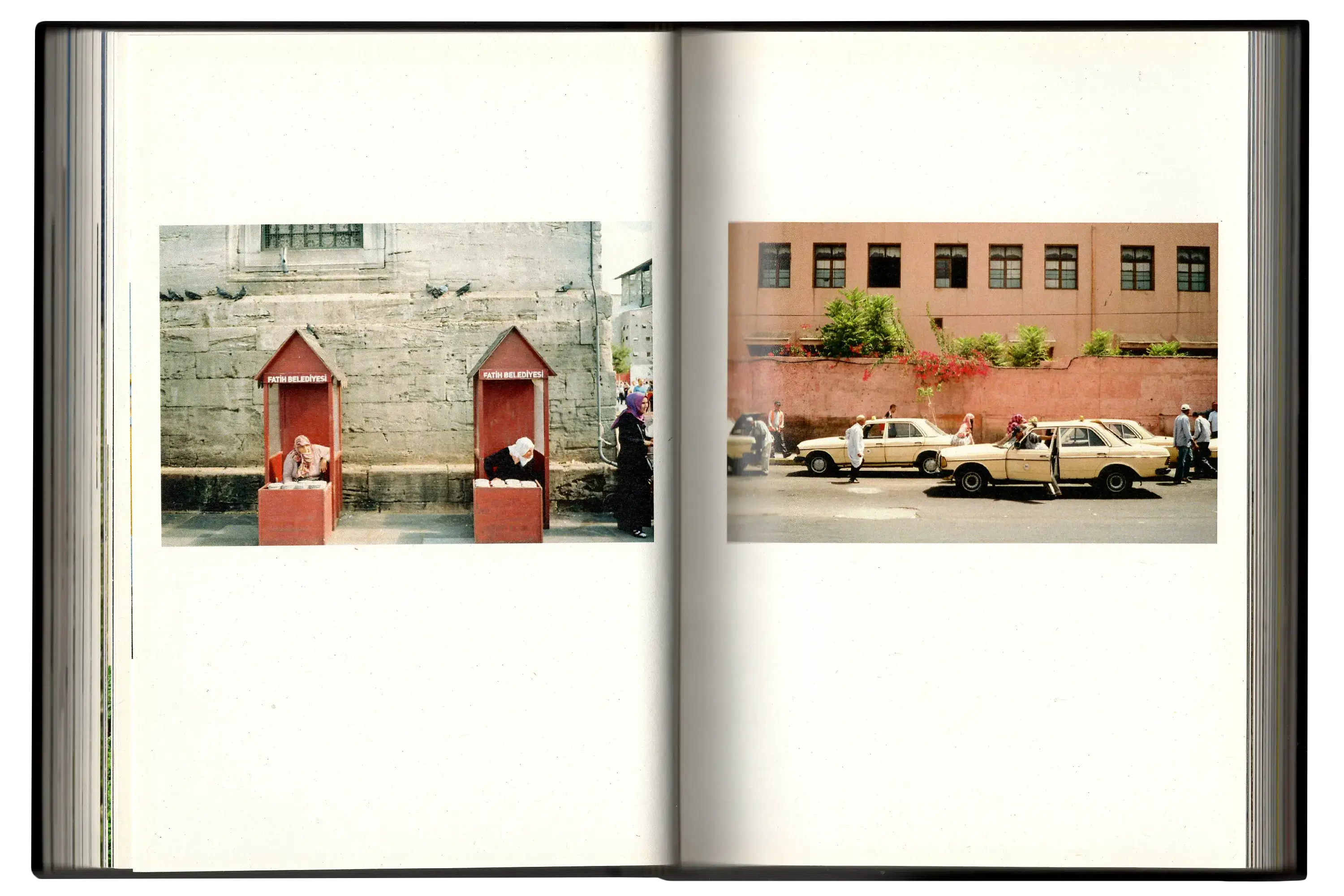 Imperfect Photo Book - left page image of two women in stands wearing hijabs, right page image shows men surrounding taxis 