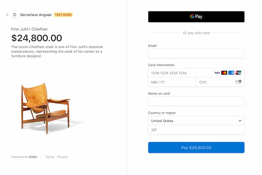 stripe checkout page for clicked product