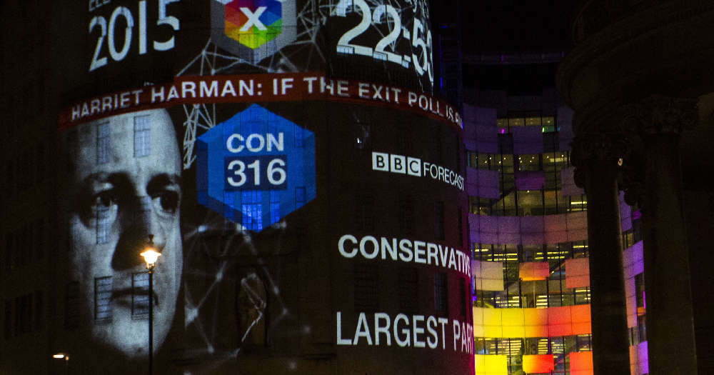 2015 UK election exit poll forecast projected onto BBC centre. 316 seats to the Conservatives