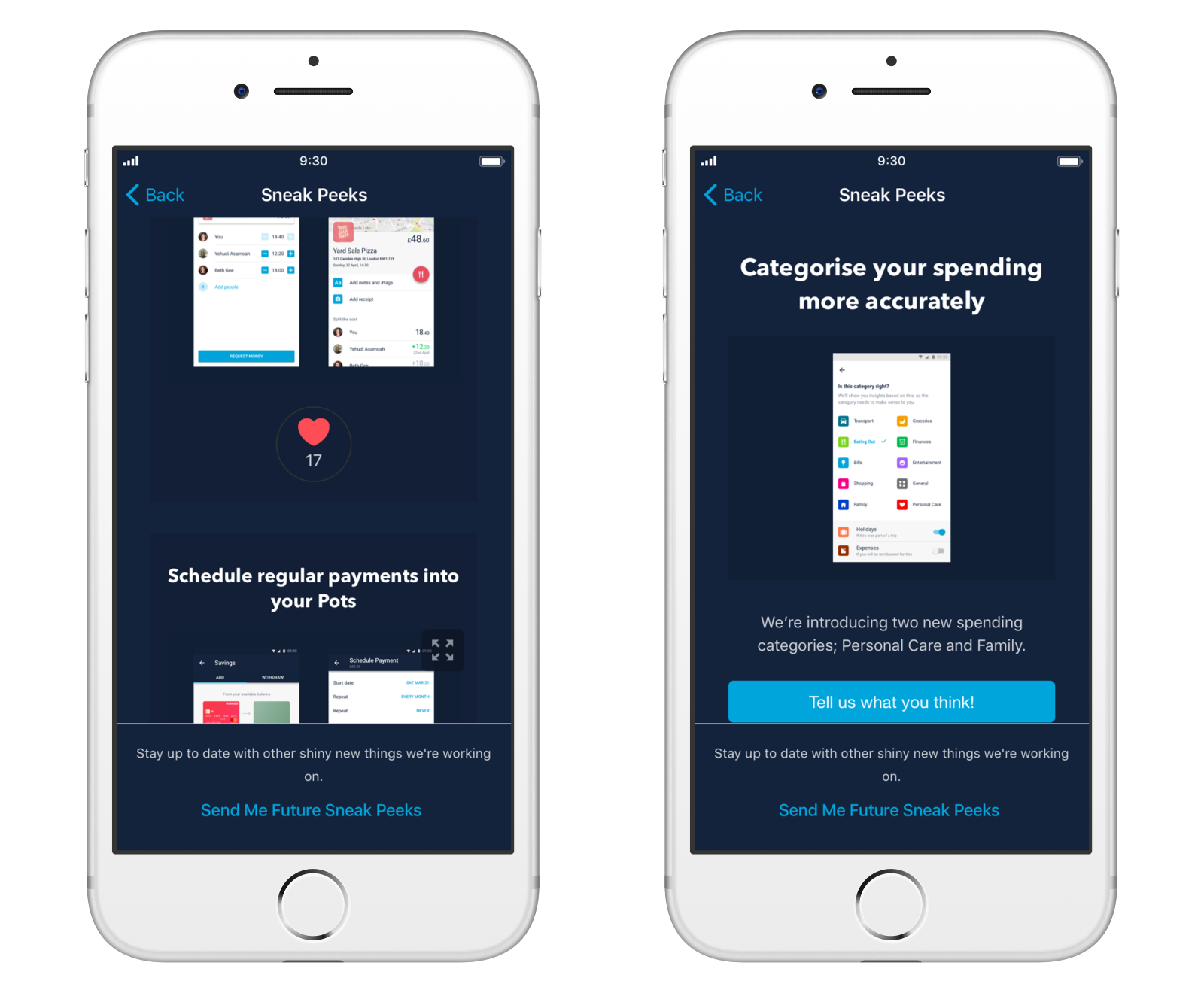 Screen showing Sneak Peeks in the Monzo app