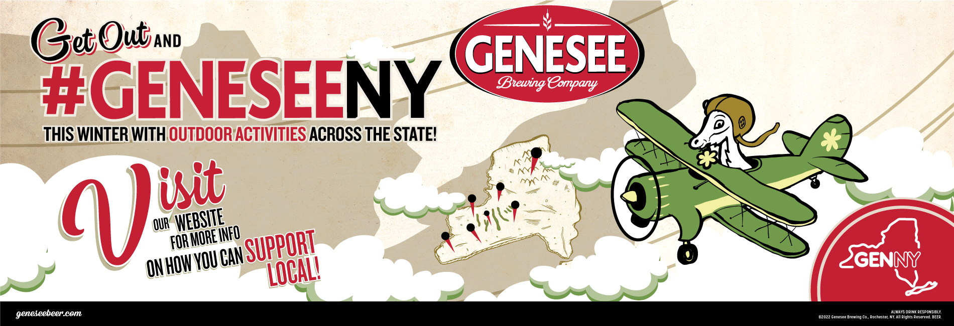 Image depicts the Springbock goat flying an airplane with a map of New York state in the background. Text reads- Get out and hastag GeneseeNY this winter with outdoor activities across the state! Visit our webpage for more info on how you can support local! Genesee Brewing Company.